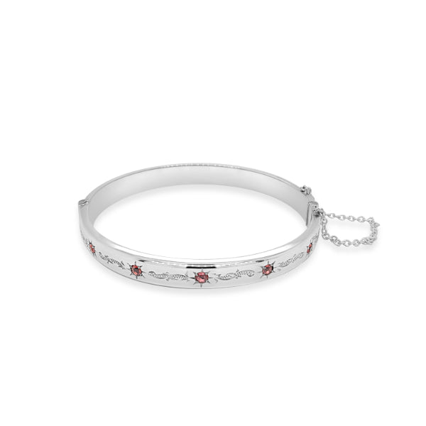 Hinged engraved bangle with garnets & safety chain in sterling silver