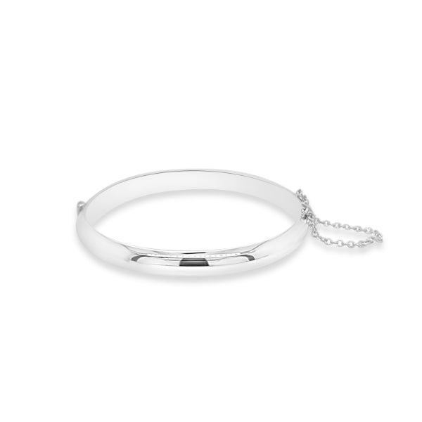 Solid hinged bangle with safety chain in sterling silver