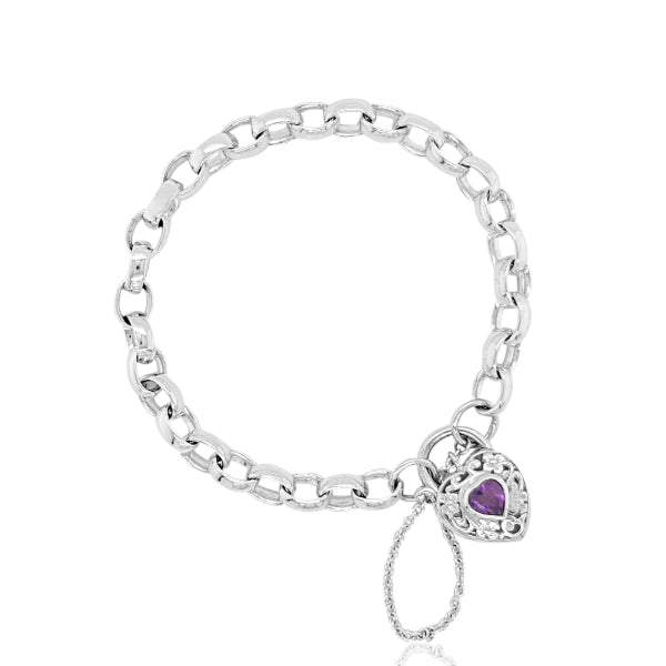 Heavy oval belcher bracelet with amethyst set filigree clasp in sterling silver