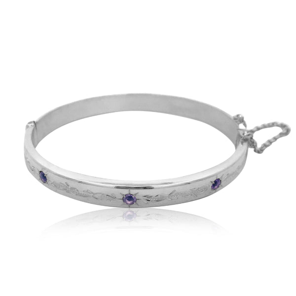 Engraved amethyst hinged bangle with safety chain in sterling silver