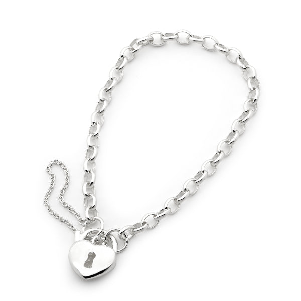 Oval belcher bracelet with puff heart padlock in sterling silver & safety chain - 19cm