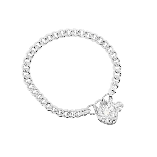 Heavy curb bracelet with filgree heart padlock in sterling silver - 19cm