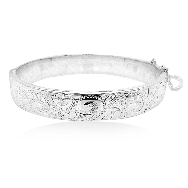 Engraved hinged bangle with safety chain in sterling silver - 10.5mm wide