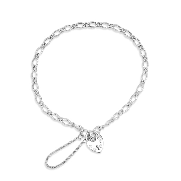 Childs sterling silver Figaro bracelet with padlock clasp & safety chain