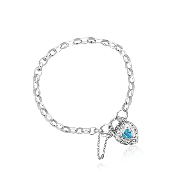 Belcher bracelet with filigree heart clasp with blue topaz in sterling silver - 19cm