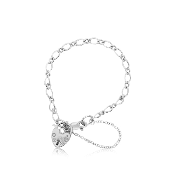 Figaro child's bracelet with flat padlock charm and lobster clasp in sterling silver - 14cm