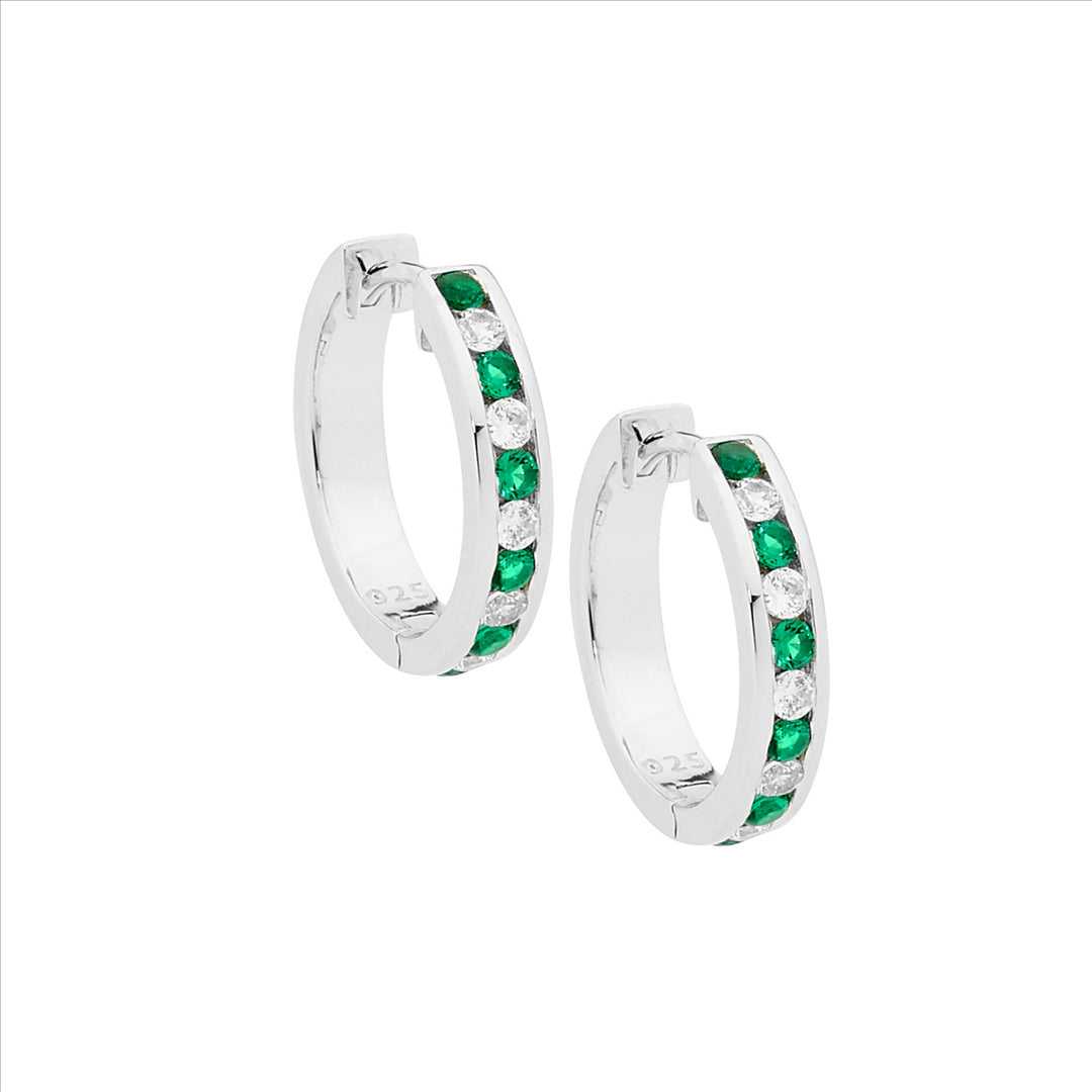 Ellani silver 18mm hoops with green & white cubic zirconia