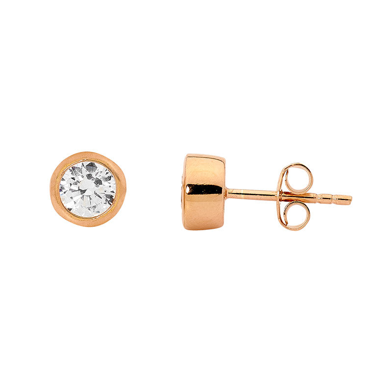 Ellani cz bezel stud earrings in rose tone over sterling silver