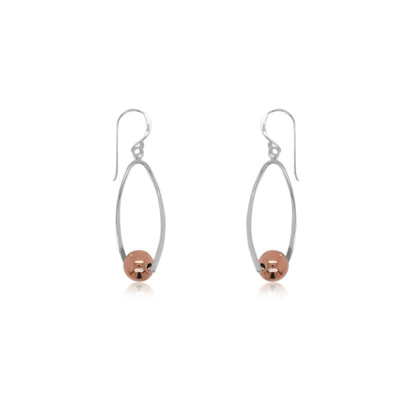 Oval twist earrings with rose gold plate balls on hooks in sterling silver