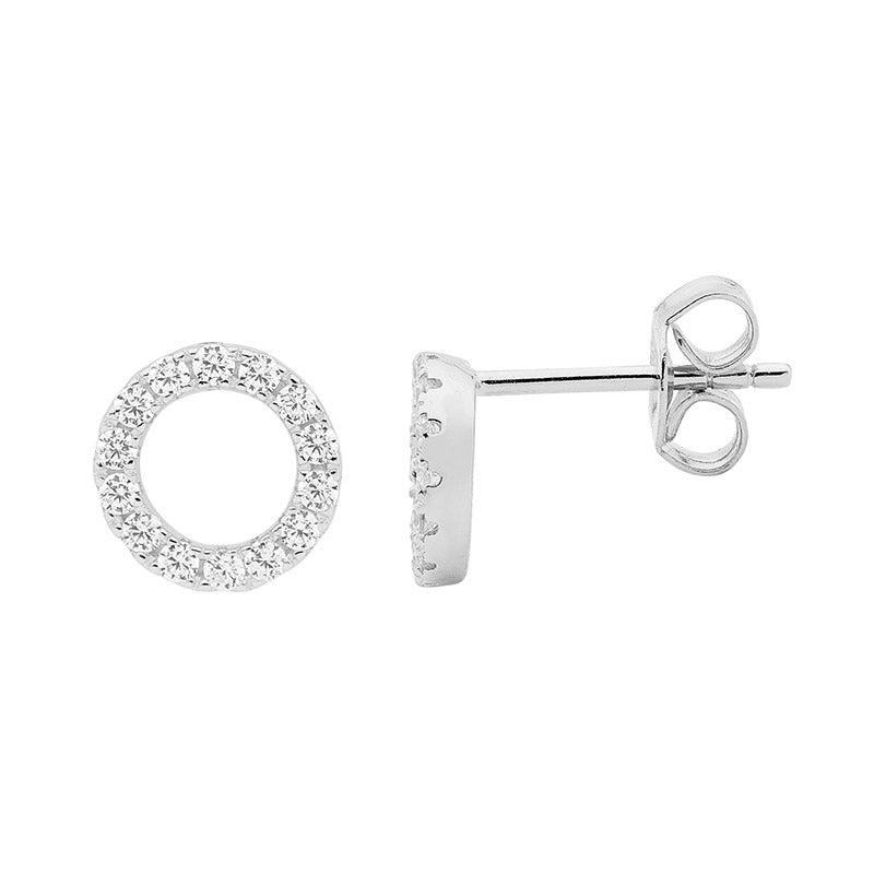 Ellani cubic zirconia set open circle stud earrings - 8mm in sterling silver