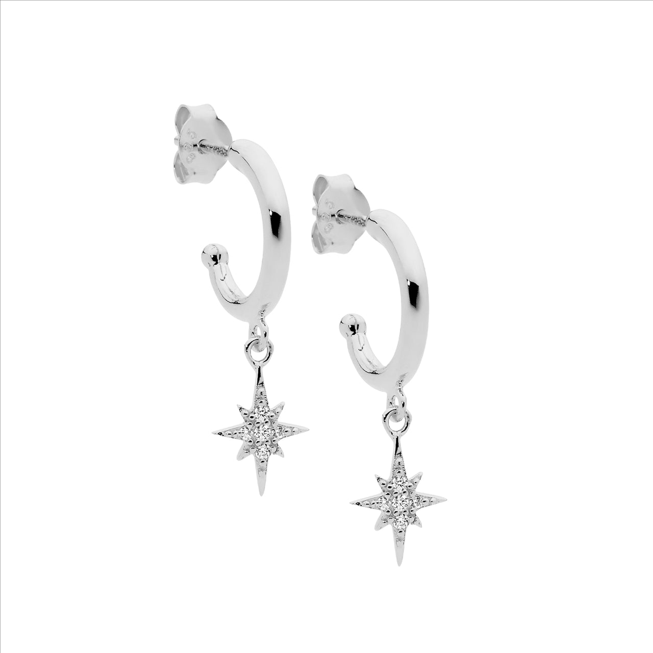 CZ hoop earrings with stars in sterling silver