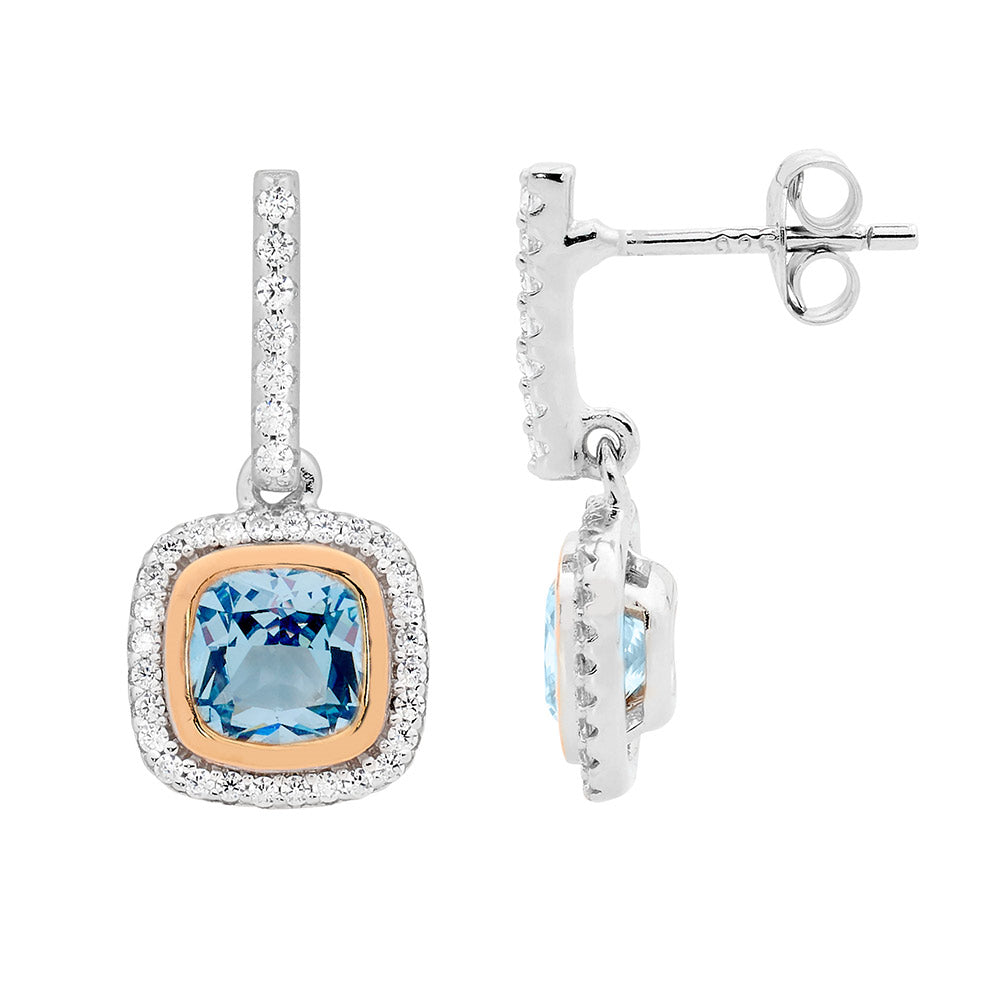 Blue spinel and cubic zirconia halo drop earrings in sterling silver with rose gold plate