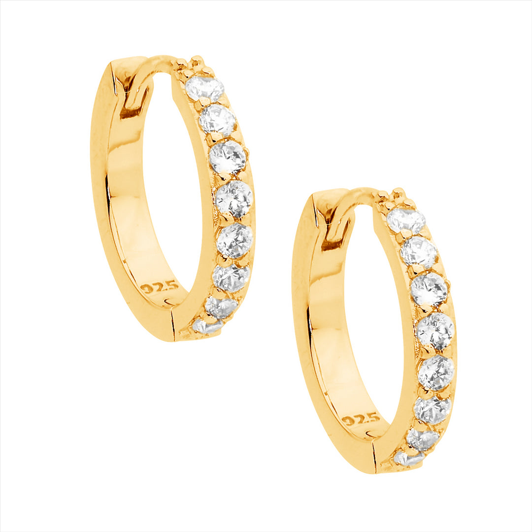 Ellani cubic zirconia huggie earrings in gold plated sterling silver 15mm