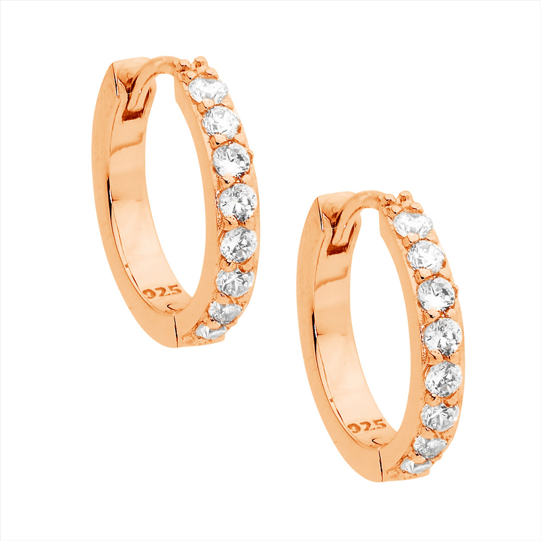 Ellani cubic zirconia huggie earrings in rose plated sterling silver 15mm