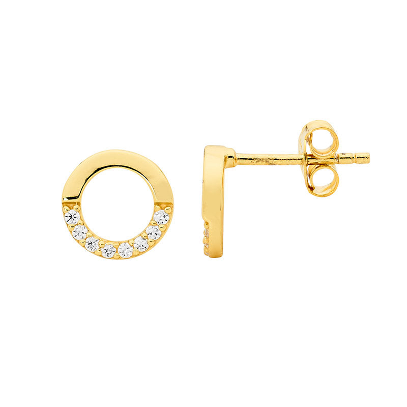Ellani open circle cubic zirconia stud earrings in gold plated sterling silver 9mm