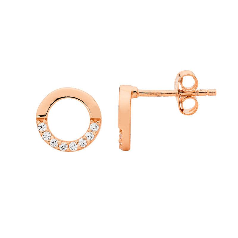 Ellani open circle cubic zirconia stud earrings in rose gold plated sterling silver 9mm
