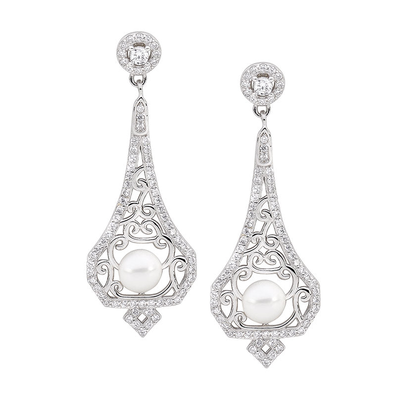 Ellani cubic zirconia filigree drop earrings with freshwater pearl in sterling silver