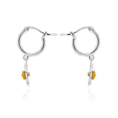 English daisy hoop drop earrings with gold plated centre in sterling silver 10mm