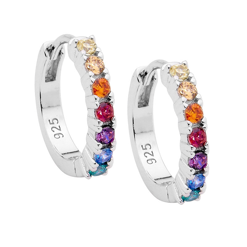 Ellani multi coloured cubic zirconia hoop earrings in sterling silver - 14mm