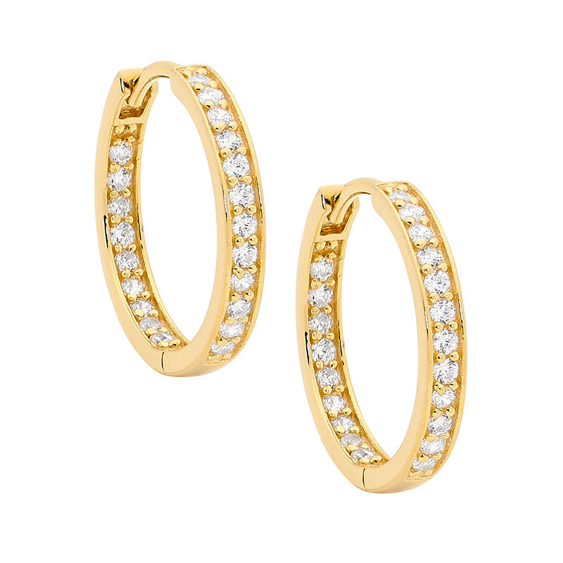 Ellani inside out cubic zirconia hoop earrings in gold plated sterling silver