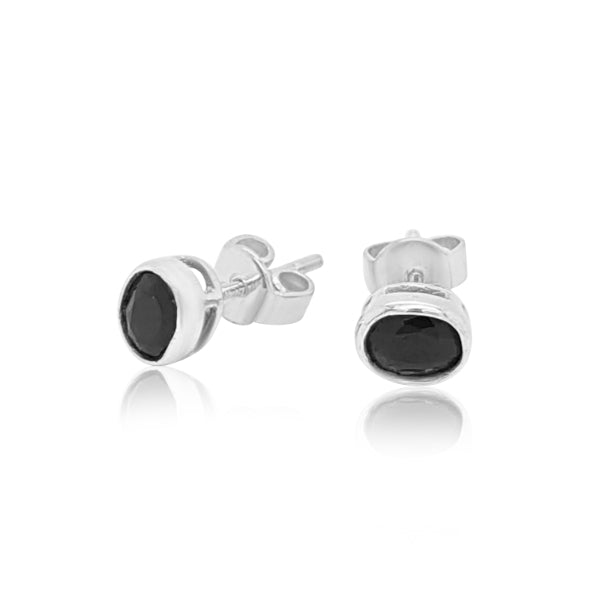 Oval rub over dark sapphire stud earrings in sterling silver
