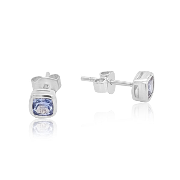 Cushion cut created Sapphires earrings in silver rubover settings