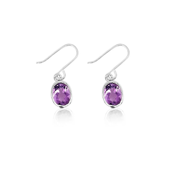 Oval Amethyst drop earrings on silver hooks