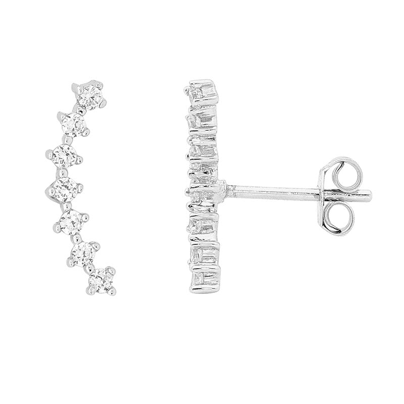 Ellani curved row claw set cubic zirconia stud earrings in sterling silver