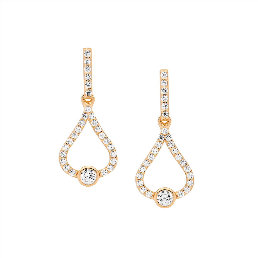 Ellani open bezel set cubic zirconia teardrop stud earrings in yellow gold plated sterling silver