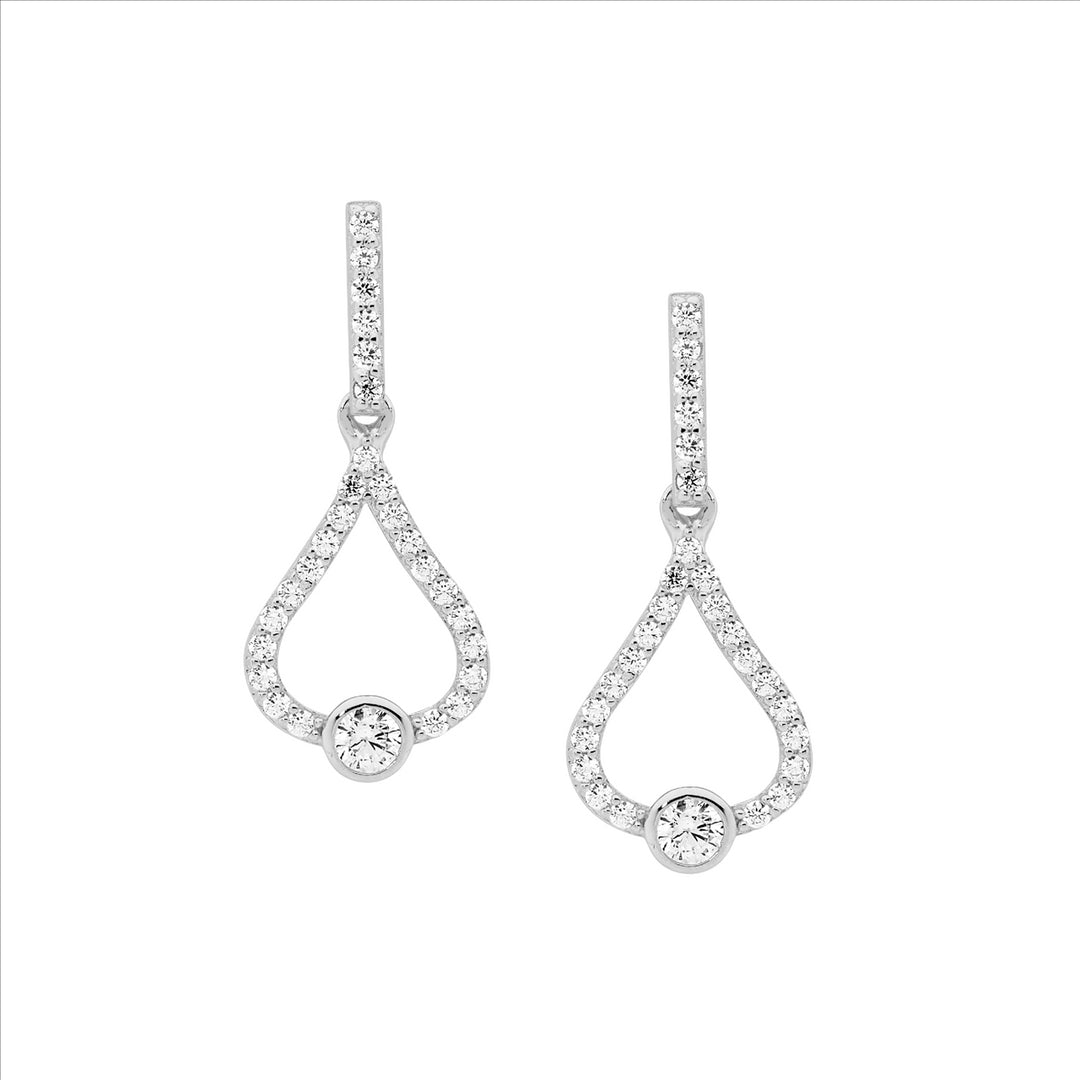 Ellani open bezel set cubic zirconia teardrop stud earrings in sterling silver