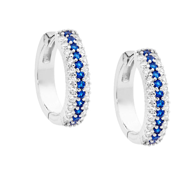 Ellani blue and white cz huggie in sterling silver