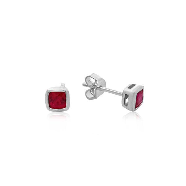 Ruby cushion stud earrings in sterling silver