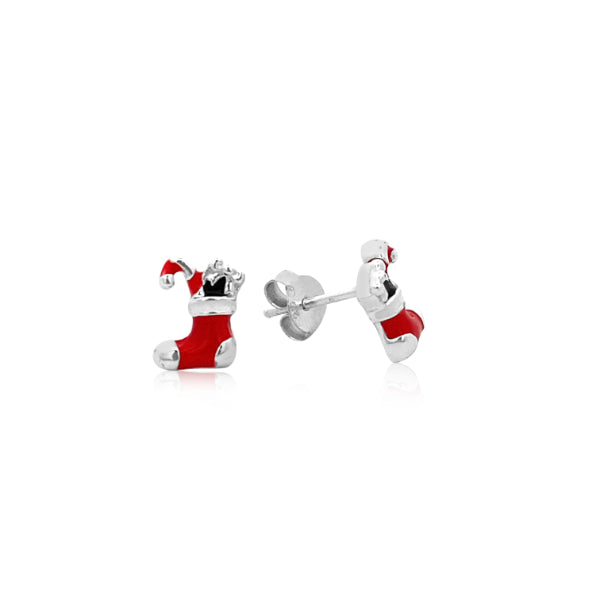 Enamel christmas stocking stud earrings in sterling silver