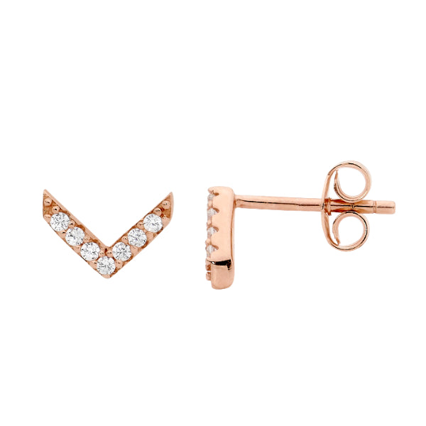 Ellani cubic zirconia V set stud earrings in rose gold plated sterling silver