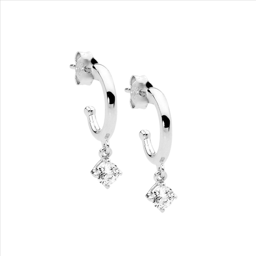 Ellani sterling silver hoops with claw set cubic zirconia drop