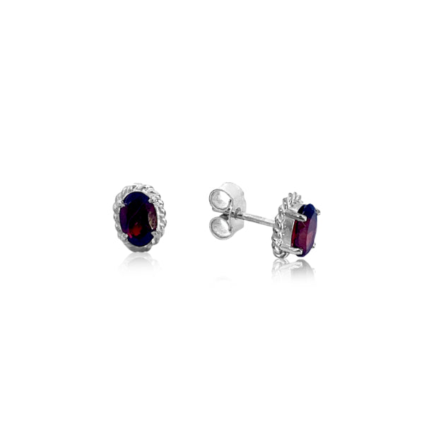 Rope edged oval garnet stud earrings in sterling silver