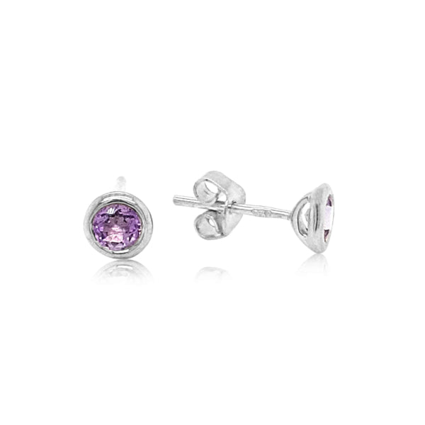 Amethyst rubover stud earrings in sterling silver - 4mm