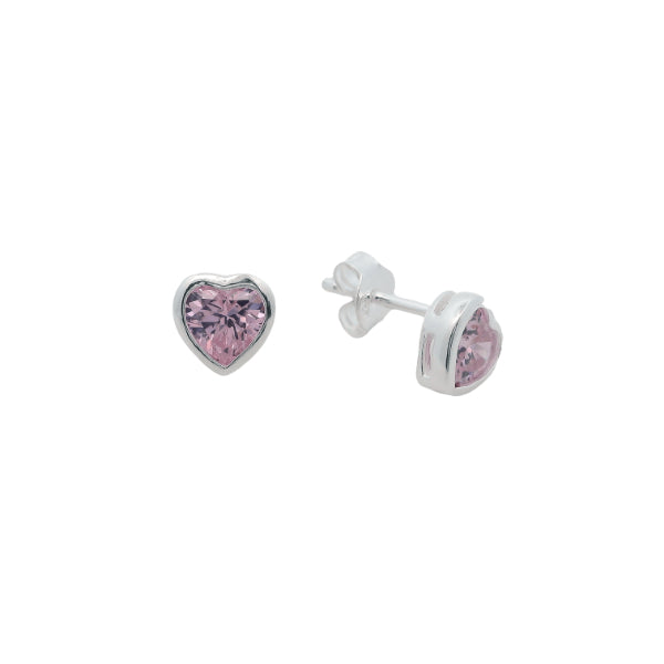 Bezel pink heart shaped cubic zirconia stud earrings in sterling silver