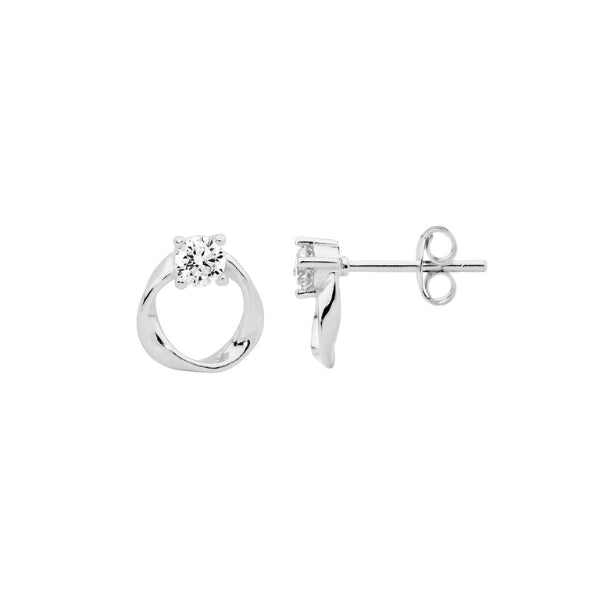 Ellani circle twist stud earrings with cz in silver
