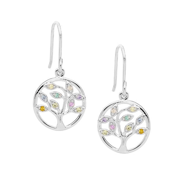 Silver 15mm tree of life drop earrings with multi coloured cubic zirconia