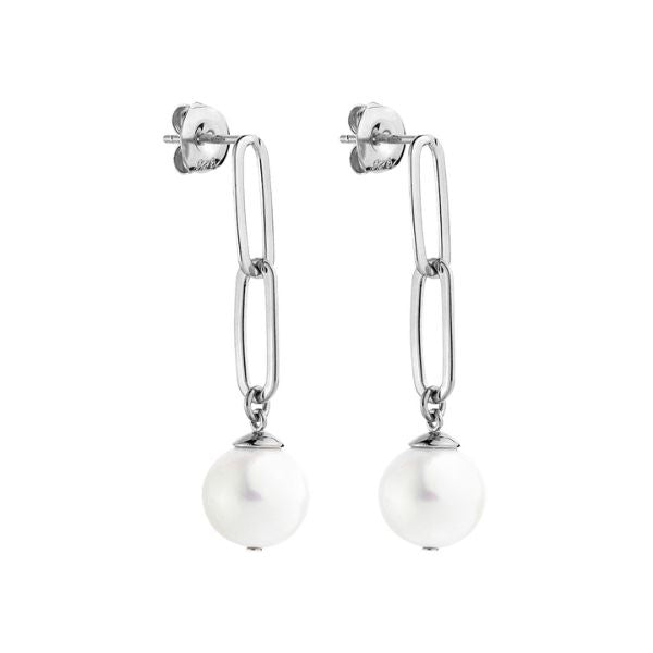 White freshwater pearls, suspended from two silver rectangular links on stud fittings