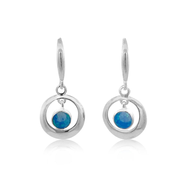 Blue synthetic opal open circle drop earrings in sterling silver