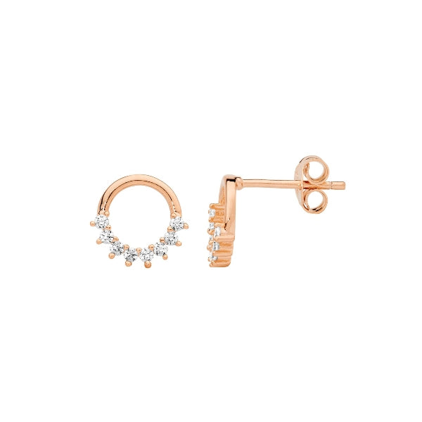 Open circle CZ set stud earrings in rose gold plated sterling silver
