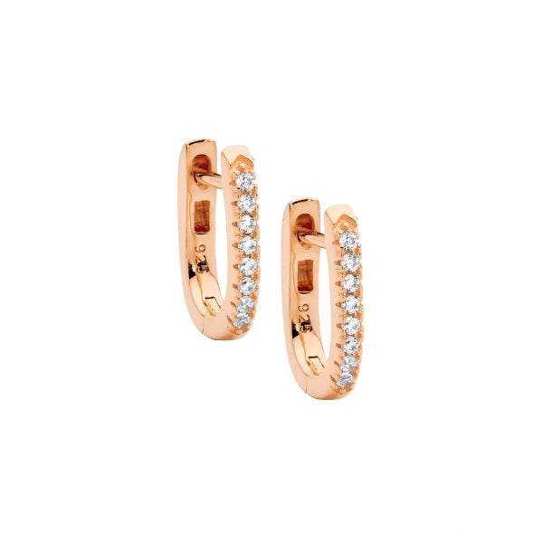 Oval CZ set oval hoop earrings in rose gold plated sterling silver