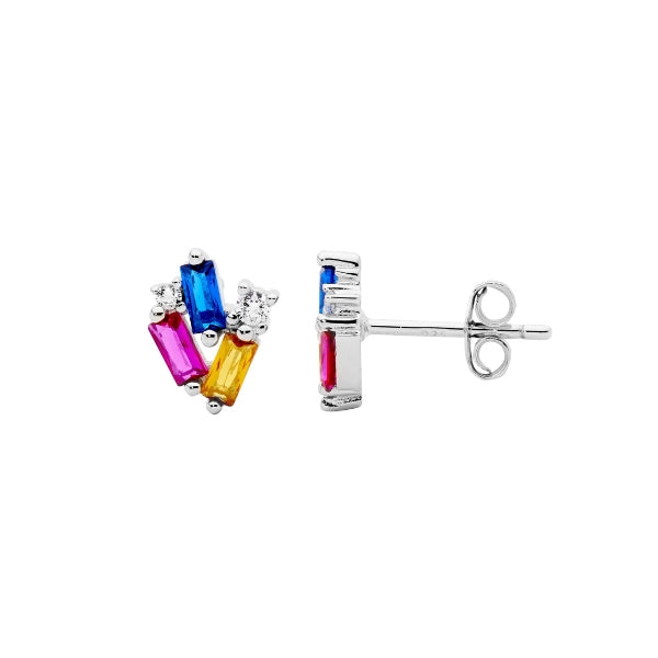 Ellani multi coloured cz stud earrings in sterling silver