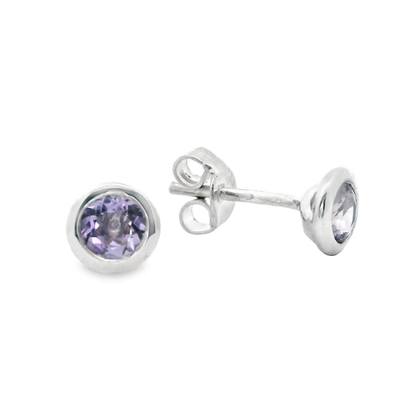 Amethyst rubover stud earrings in sterling silver - 3.5mm