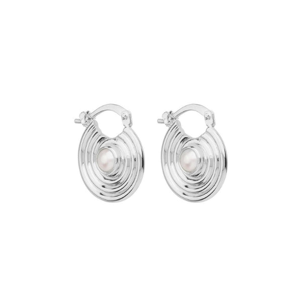 Najo - Siren's song spiral disc hoop earrings with fresh water pearl centre in sterling silver
