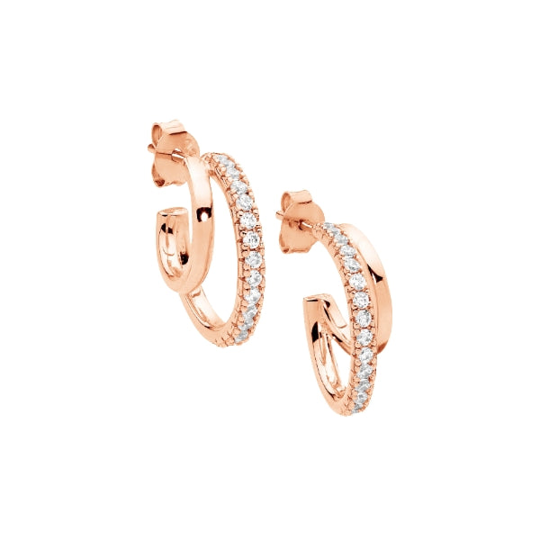 Ellani rose plated sterling silver double hoop stud earring with cz
