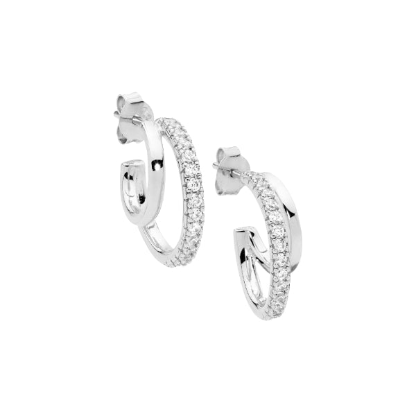 Ellani sterling silver double hoop stud earring with cz
