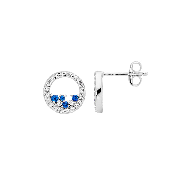 Ellani silver open circle studs with blue & white cubic zirconia